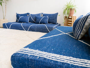 Navy Blue Moroccan Corner Floor Sofa, Loveseat Sofa, Modular Sofa, Boho Style Sofa, Living Room Sofa Couch, Striped Sofa