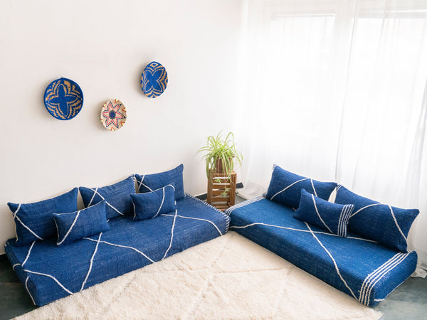 Navy Blue Moroccan Corner Floor Sofa, Loveseat Sofa, Modular Sofa, Boho Style Sofa, Living Room Sofa Couch, Striped Sofa