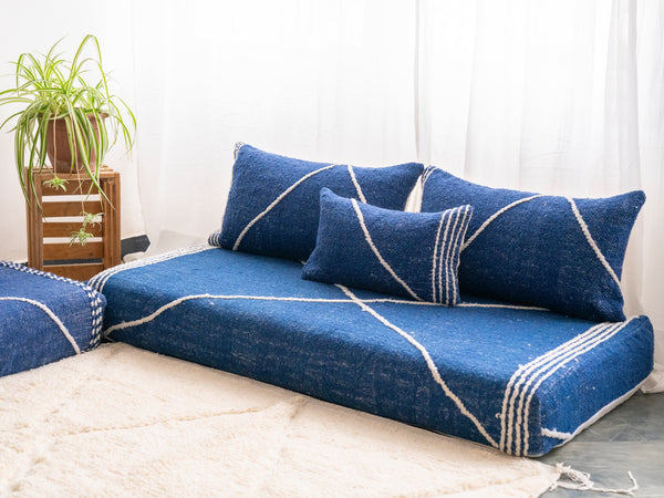 Navy Blue Moroccan Corner Floor Sofa, Loveseat Sofa, Modular Sofa, Boho Style Sofa, Living Room Sofa Couch, Striped Sofa