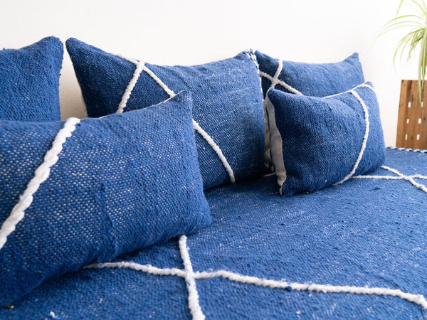 Navy Blue Moroccan Corner Floor Sofa, Loveseat Sofa, Modular Sofa, Boho Style Sofa, Living Room Sofa Couch, Striped Sofa