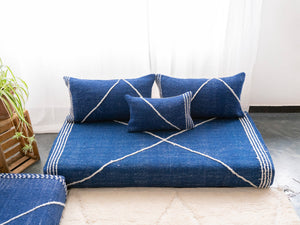Moroccan Floor Cushions, Navy Blue Traditional Loveseat Sofa, Kilim Pillows, Living Room Sofa, Boho Seating Pillows