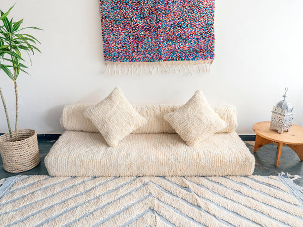 Beige Kilim Cylindrical Floor Pillow – Boho Moroccan Sofa