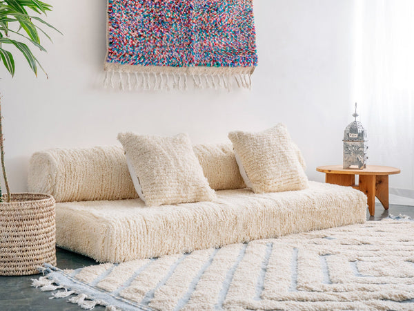 Cylindrical Beige Kilim Floor Pillow, Modular Sofa Cushion, Floor Couches, Boho Style Floor Seating, Wool Moroccan Sofa