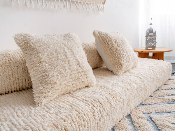 Cylindrical Beige Kilim Floor Pillow, Modular Sofa Cushion, Floor Couches, Boho Style Floor Seating, Wool Moroccan Sofa