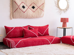 Boho Style Floor Sofa Seating Set, Living Room Sofa Set, Customized Red Floor Sofa Set, Handmade Floor Couches