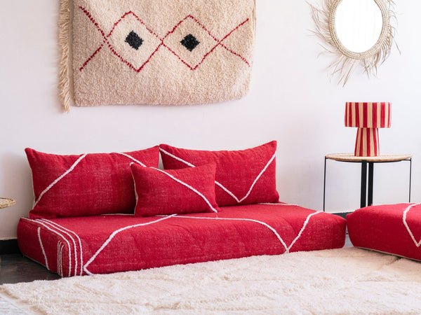 Boho Style Floor Sofa Seating Set, Living Room Sofa Set, Customized Red Floor Sofa Set, Handmade Floor Couches