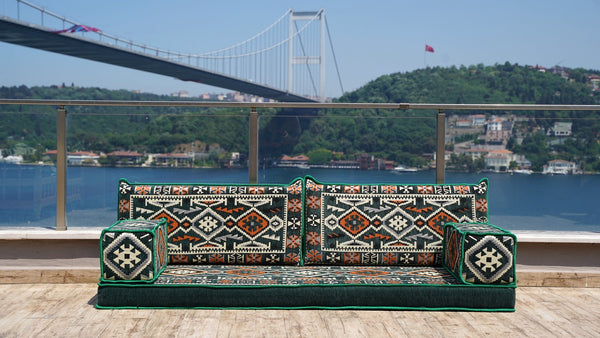 Green Anatolian Hearth: Single Floor Sofa – Arabic Majlis Seating – Moroccan Style Couch – Traditional Turkish Sofa