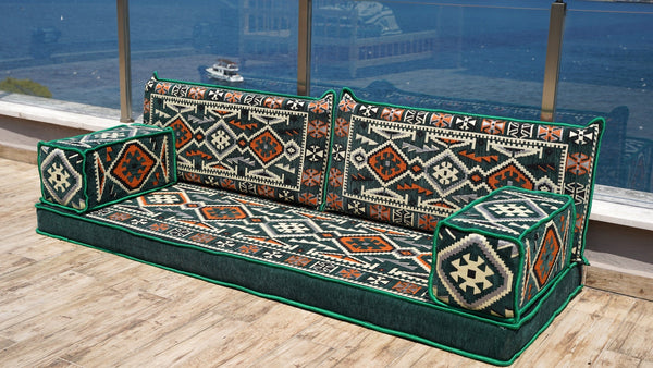 Green Anatolian Hearth: Single Floor Sofa – Arabic Majlis Seating – Moroccan Style Couch – Traditional Turkish Sofa