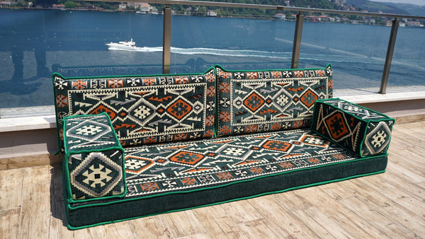 Green Anatolian Hearth: Single Floor Sofa – Arabic Majlis Seating – Moroccan Style Couch – Traditional Turkish Sofa