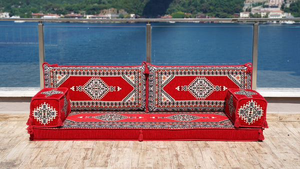 Red Palace Elegance: Single Floor Sofa – Handmade Arabic Diwan Couch – Oriental Boho Seating – Bohemian Modular Cushions