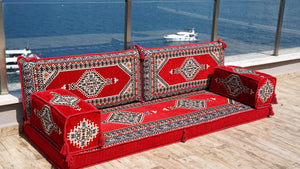 Red Palace Elegance: Single Floor Sofa – Handmade Arabic Diwan Couch – Oriental Boho Seating – Bohemian Modular Cushions
