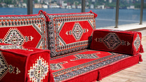 Red Palace Elegance: Single Floor Sofa – Handmade Arabic Diwan Couch – Oriental Boho Seating – Bohemian Modular Cushions