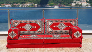 Red Palace Elegance: Single Floor Sofa – Handmade Arabic Diwan Couch – Oriental Boho Seating – Bohemian Modular Cushions