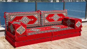 Red Palace Elegance: Single Floor Sofa – Handmade Arabic Diwan Couch – Oriental Boho Seating – Bohemian Modular Cushions