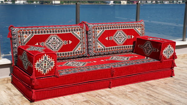 Red Palace Elegance: Single Floor Sofa – Handmade Arabic Diwan Couch – Oriental Boho Seating – Bohemian Modular Cushions