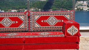 Red Palace Elegance: Single Floor Sofa – Handmade Arabic Diwan Couch – Oriental Boho Seating – Bohemian Modular Cushions
