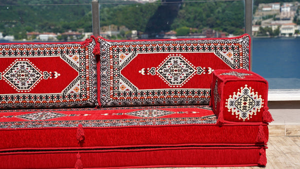 Red Palace Elegance: Single Floor Sofa – Handmade Arabic Diwan Couch – Oriental Boho Seating – Bohemian Modular Cushions