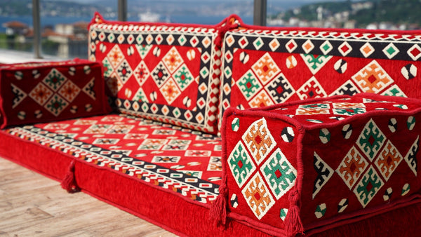 Red Urgup Mystic: Single Floor Sofa – Custom Arabic Floor Sofa – Oriental Floor Seating – Bohemian Floor Cushion