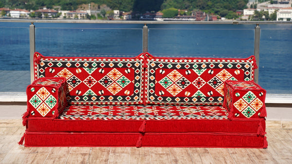 Red Urgup Mystic: Single Floor Sofa – Custom Arabic Floor Sofa – Oriental Floor Seating – Bohemian Floor Cushion