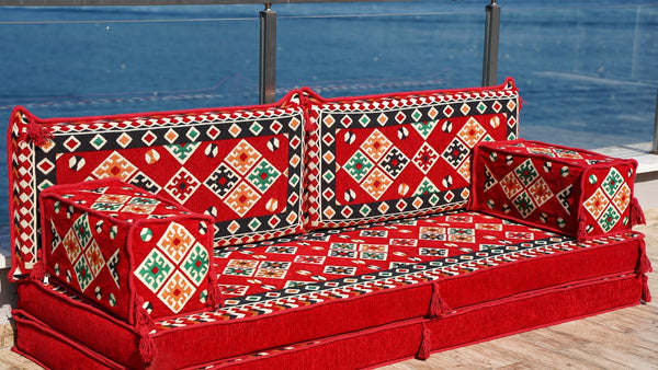 Red Urgup Mystic: Single Floor Sofa – Custom Arabic Floor Sofa – Oriental Floor Seating – Bohemian Floor Cushion