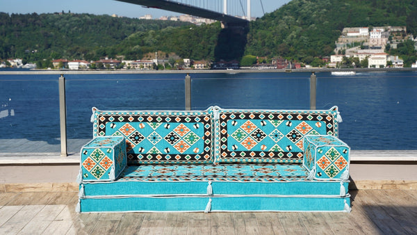 Turquoise Urgup Mystic: Single Floor Sofa – Arabic Floor Cushion – Handmade Custom Floor Cushion – Kilim Sofa