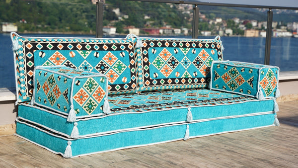Turquoise Urgup Mystic: Single Floor Sofa – Arabic Floor Cushion – Handmade Custom Floor Cushion – Kilim Sofa