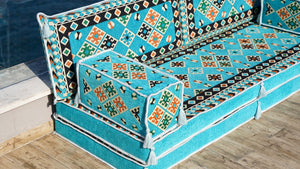Turquoise Urgup Mystic: Single Floor Sofa – Arabic Floor Cushion – Handmade Custom Floor Cushion – Kilim Sofa