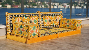 Yellow Urgup Mystic: Single Floor Sofa – Arabic Majlis – Floor Cushion Couch – Reading Nook Floor Seating