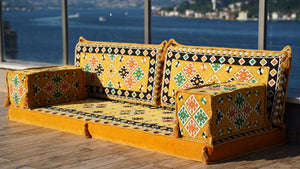 Yellow Urgup Mystic: Single Floor Sofa – Arabic Majlis – Floor Cushion Couch – Reading Nook Floor Seating