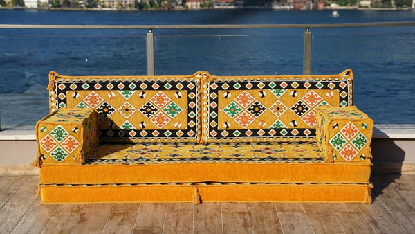 Yellow Urgup Mystic: Single Floor Sofa – Arabic Majlis – Floor Cushion Couch – Reading Nook Floor Seating