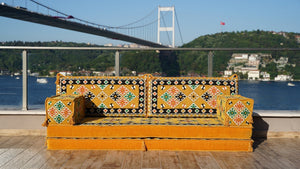 Yellow Urgup Mystic: Single Floor Sofa – Arabic Majlis – Floor Cushion Couch – Reading Nook Floor Seating