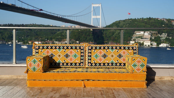 Yellow Urgup Mystic: Single Floor Sofa – Arabic Majlis – Floor Cushion Couch – Reading Nook Floor Seating