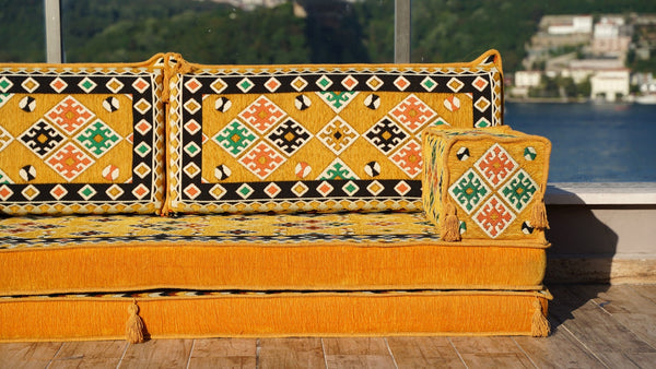 Yellow Urgup Mystic: Single Floor Sofa – Arabic Majlis – Floor Cushion Couch – Reading Nook Floor Seating