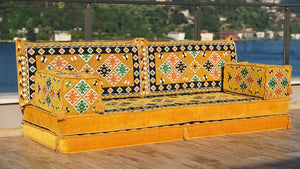 Yellow Urgup Mystic: Single Floor Sofa – Arabic Majlis – Floor Cushion Couch – Reading Nook Floor Seating