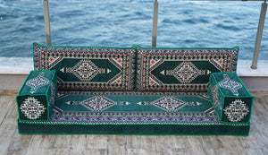 Green Palace Elegance: Single Floor Sofa – Arabic Jalsa – Traditional Arabic Sofa Set – Ottoman Floor Seating