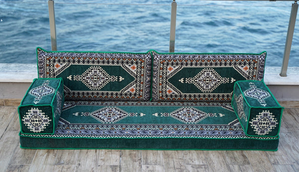 Green Palace Elegance: Single Floor Sofa – Arabic Jalsa – Traditional Arabic Sofa Set – Ottoman Floor Seating