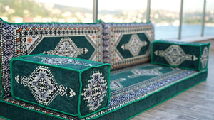 Green Palace Elegance: Single Floor Sofa – Arabic Jalsa – Traditional Arabic Sofa Set – Ottoman Floor Seating