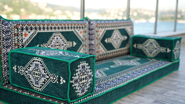 Green Palace Elegance: Single Floor Sofa – Arabic Jalsa – Traditional Arabic Sofa Set – Ottoman Floor Seating