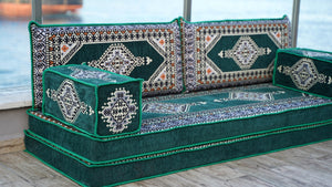 Green Palace Elegance: Single Floor Sofa – Arabic Jalsa – Traditional Arabic Sofa Set – Ottoman Floor Seating