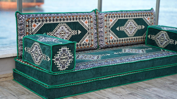 Green Palace Elegance: Single Floor Sofa – Arabic Jalsa – Traditional Arabic Sofa Set – Ottoman Floor Seating