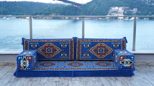 Royal Blue Kirsehir Motif – Arabic Majlis Floor Sofa