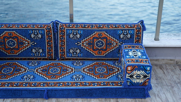 Royal Blue Kirsehir Motif: Single Floor Sofa – Arabic Floor Seating Sofa – Traditional Arabic Majlis – Middle Eastern Floor Sofa