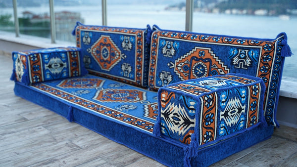 Royal Blue Kirsehir Motif: Single Floor Sofa – Arabic Floor Seating Sofa – Traditional Arabic Majlis – Middle Eastern Floor Sofa