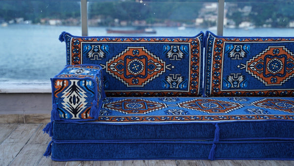 Royal Blue Kirsehir Motif: Single Floor Sofa – Arabic Floor Seating Sofa – Traditional Arabic Majlis – Middle Eastern Floor Sofa