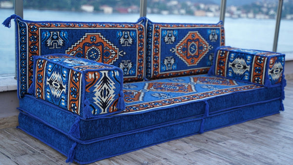 Royal Blue Kirsehir Motif: Single Floor Sofa – Arabic Floor Seating Sofa – Traditional Arabic Majlis – Middle Eastern Floor Sofa