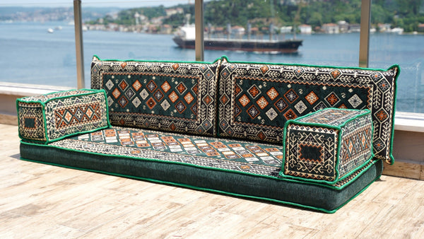 Green Chile Sunset: Single Floor Sofa – Arabic Majlis Seating – Moroccan Style Couch – Traditional Turkish Sofa
