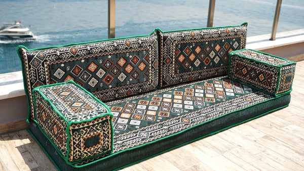 Green Chile Sunset: Single Floor Sofa – Arabic Majlis Seating – Moroccan Style Couch – Traditional Turkish Sofa