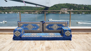 Royal Blue Palace Elegance: Single Floor Sofa – Arabic Floor Seating Sofa – Traditional Arabic Majlis – Custom Floor Cushion