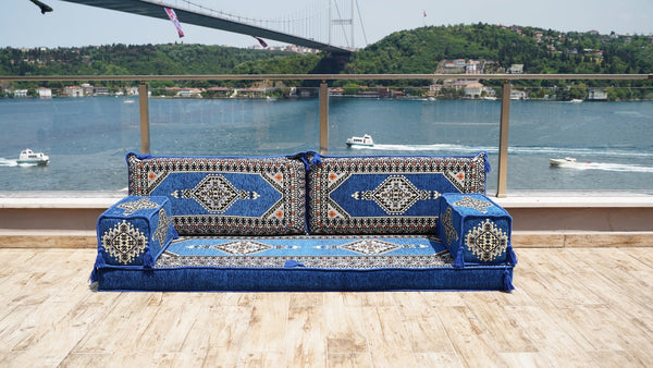 Royal Blue Palace Elegance: Single Floor Sofa – Arabic Floor Seating Sofa – Traditional Arabic Majlis – Custom Floor Cushion