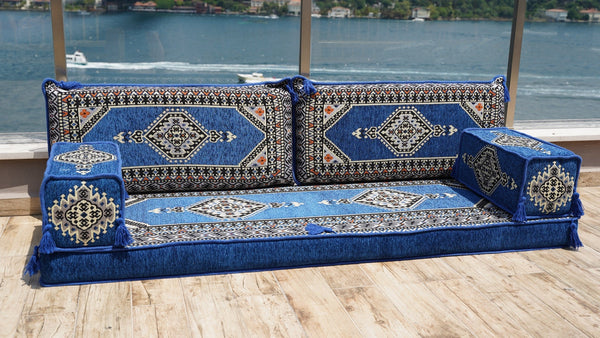 Royal Blue Palace Elegance: Single Floor Sofa – Arabic Floor Seating Sofa – Traditional Arabic Majlis – Custom Floor Cushion